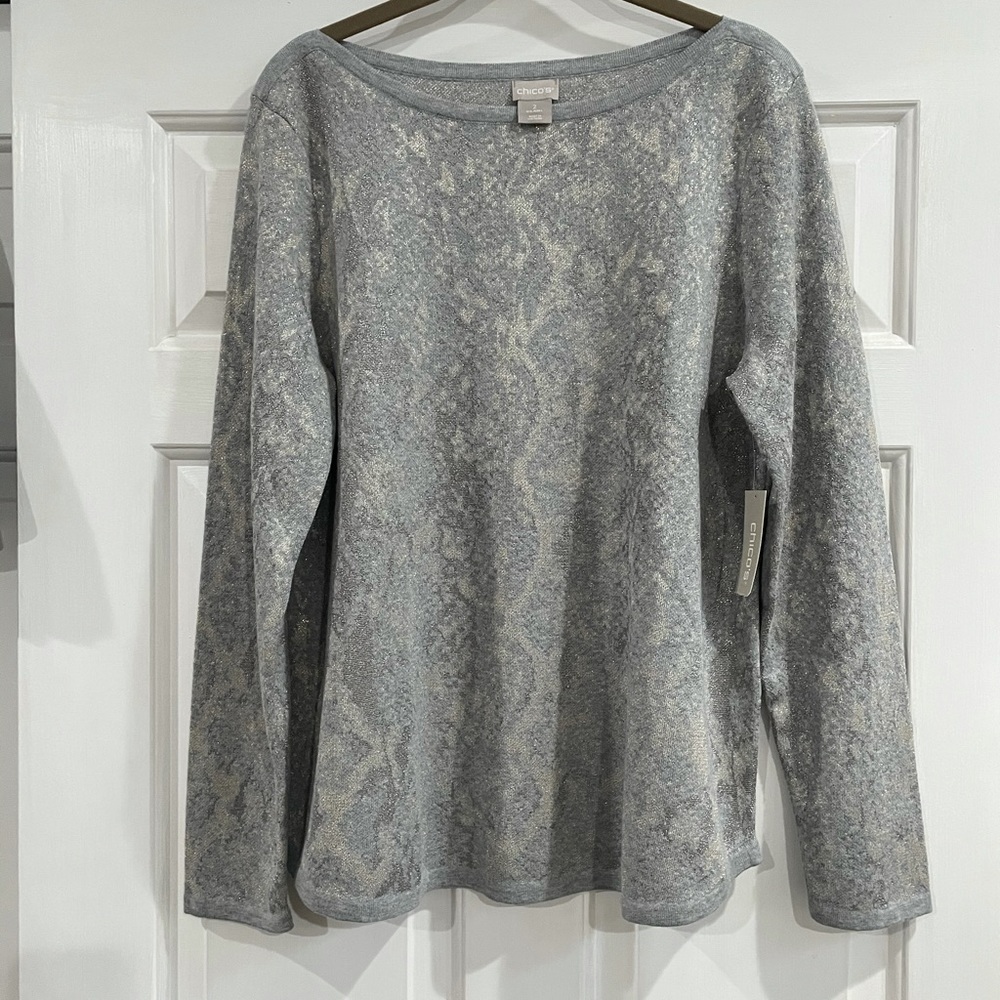 CHICO’S TEXTURED ANIMAL-PRINT BATEAU-NECK SWEATER